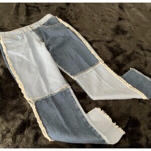 Ragged Jeans‎ Jeans Womens 32 Blue Two Tone Patchwork Raw Hem Straight Leg